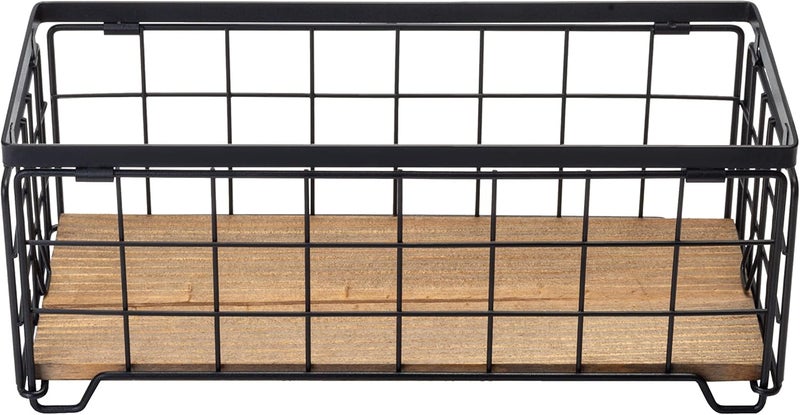 TIEYIPIN Metal Wire Storage Basket, Toilet Paper Roll Holder Wood Base Countertop Decor Box Toilet Tank Shelf Cabinet Organizer for Bathroom Pantry Garage Bedroom Livingroom - Black - Image 4